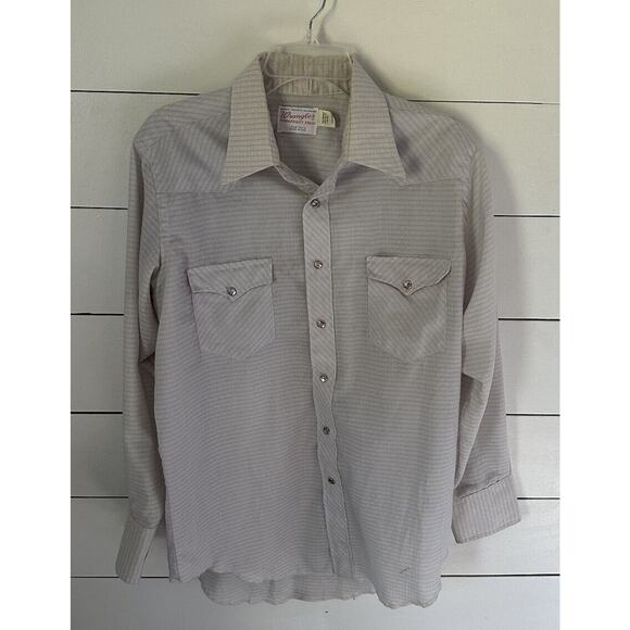 Vintage Wrangler Mens Permanent Press Long Tails LS Pearl Snap Beige Sz 16.5/33 - Picture 1 of 11